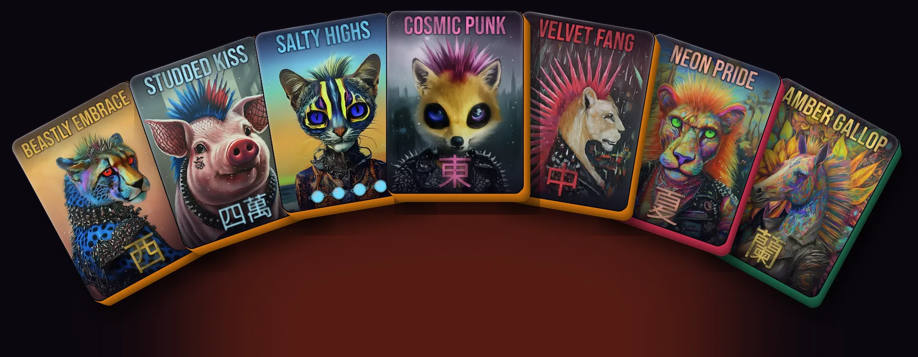A hand of Animalistic Appeal mahjong tiles: Beastly Embrace, Studded Kiss, Salty Highs, Cosmic Punk, Velvet Fang, Neon Pride and Amber Gallop